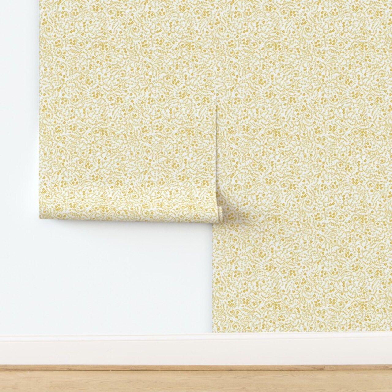 Floral Ditsy Flowers Spring Summer Mustard Fern Foliage Monochromatic Custom Removable Wallpaper by Spoonflower Peel & Stick Wallpaper 2FT Wide